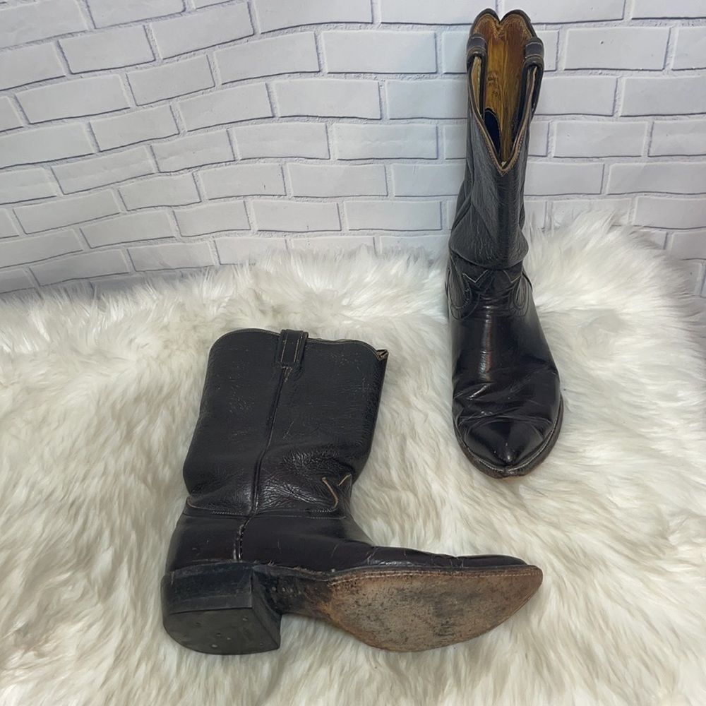 Tony Lama VTG Black Leather Cowboy Boots Sz 9